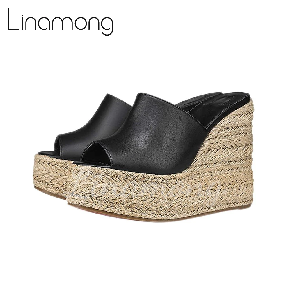 Solid Color Leather Espadrilles Slippers Peep Toe Slip On Summer Shoes for Women Black Brown Leather Concise Platform Sandals