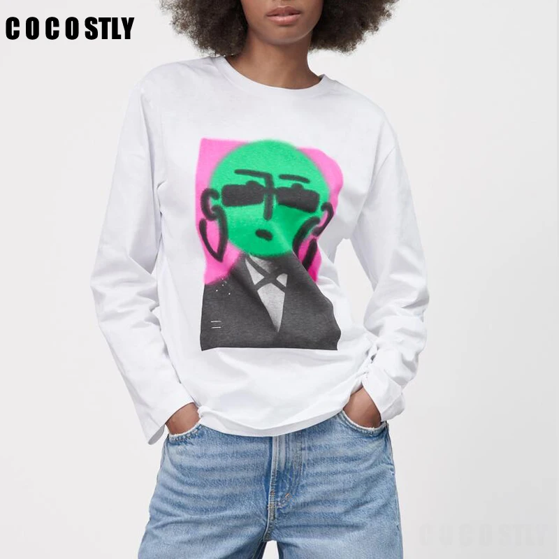 Женская футболка с длинным рукавом и круглым вырезом принтом спереди | Футболки