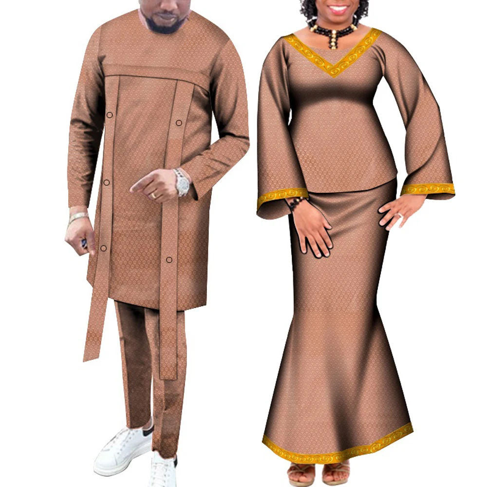 

Bazin богатый модный парный костюм женский халат юбка комплект Мужская рубашка и брюки Дашики африканская одежда для влюбленных