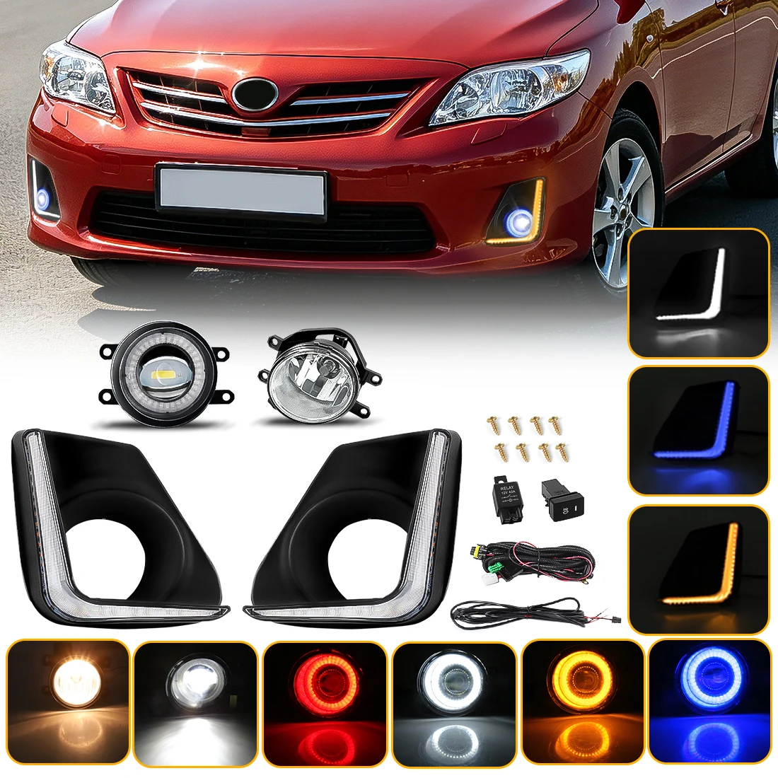 Фото Для Toyota Corolla 2011 2012 2013: передние дневные ходовые огни, указатели поворота, светодиодные противотуманные фары, комплект противотуманных фар, 3 цвета DRL, 12В. №1