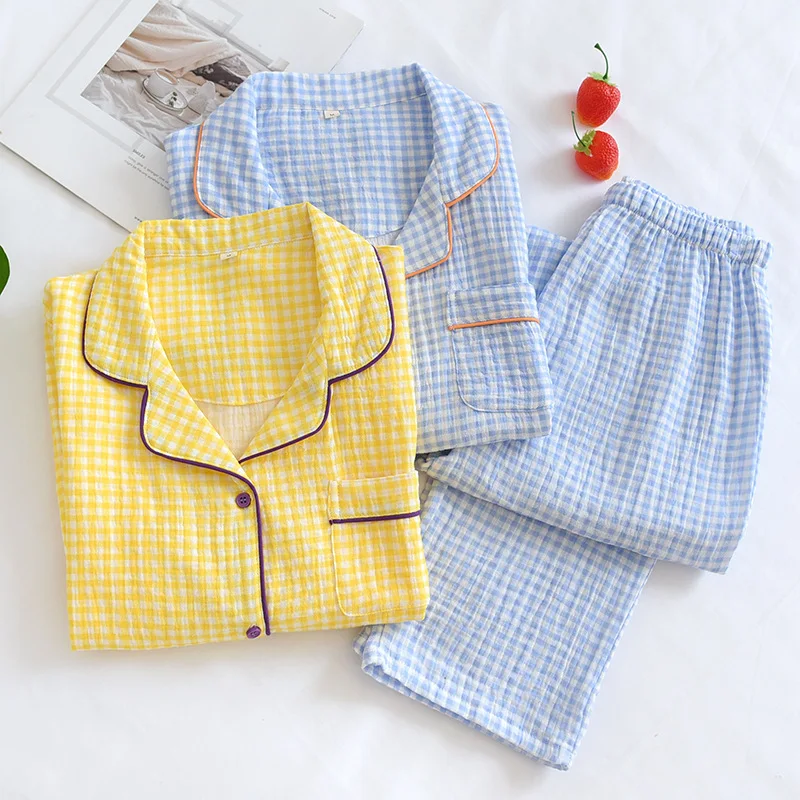 Пижама из промытого хлопка и крепа домашняя одежда в клетку повседневная для сна