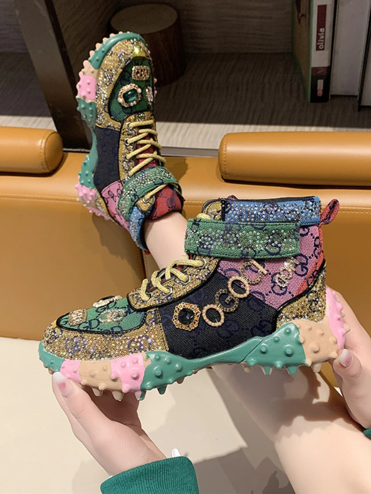 Women's Shoes Colorful Rhinestone Retro Sneakers Sole Elevated Comfortable Breathable Casual Shoes Luxury Designer Platform Shoe