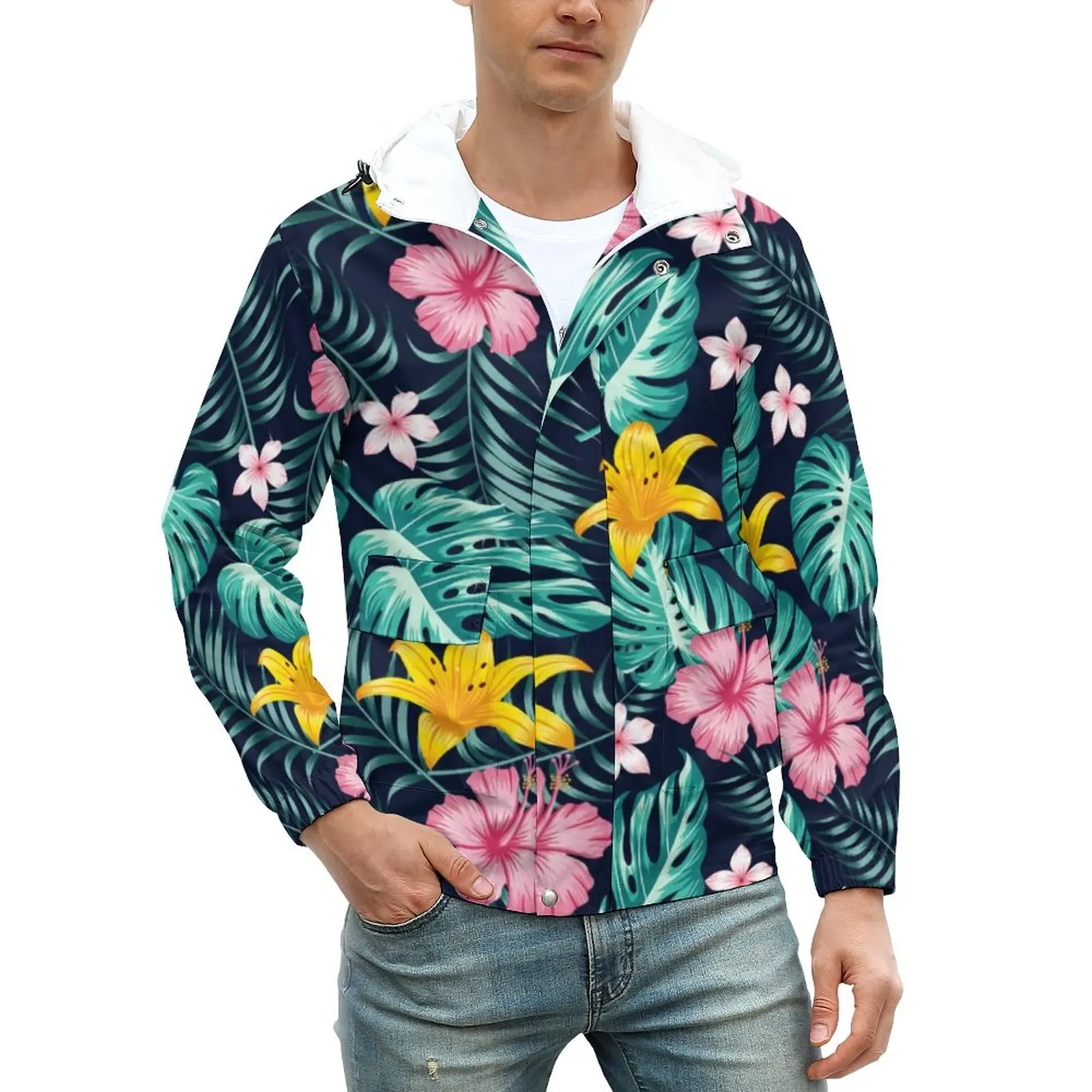 

Куртка мужская зимняя с принтом пальмовых листьев, Повседневная Свободная ветровка оверсайз на молнии, с розовым цветком гибискуса, в ретро...