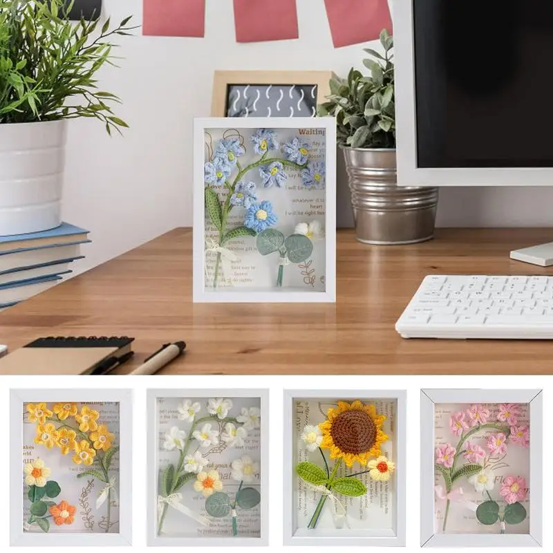 

Handmade Knit Flowers Photo Frame Pictures Display Home Decor Fake Sunflower Wall Mount Decoration Desk Tabletop Ornaments