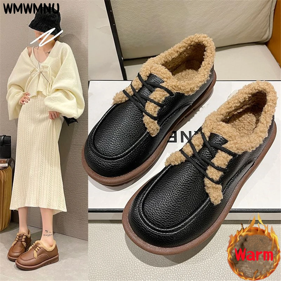 

Женские винтажные лоферы с флисовой подкладкой, теплая Нескользящая износостойкая обувь на плоской подошве, лоферы без застежек, с косым ворсом, для зимы