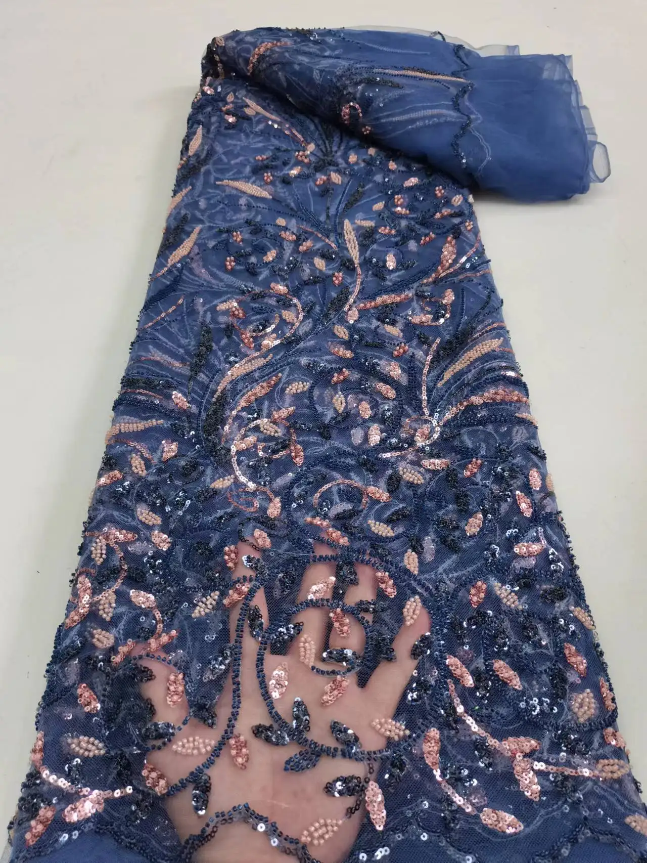 

Новое поступление 2023, французская сетчатая кружевная ткань с бисером, персиковая африканская Тюлевая кружевная ткань с блестками и вышивкой для детской одежды stc52