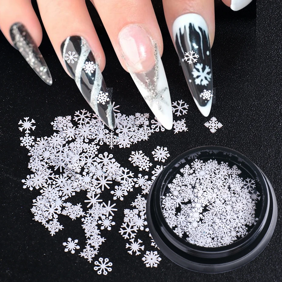 

1Box White Snowflakes Slice 3D Nail Art Decorations Glitter Sequin Thin Paillette Mixed Design Christmas Charms Flake JI1980