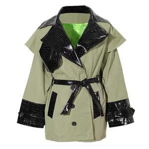 Ladies trench coat autumn new style atmospheric fashion elegant PU leather patchwork vintage lace-up in Pakistan