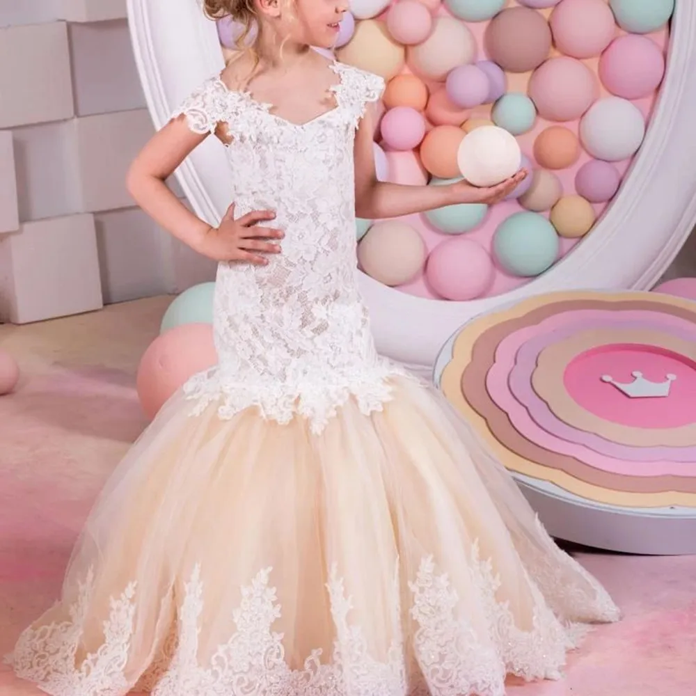 

Flower Girl Dress Vintage Children Dresses For Wedding Party Formal Ball Gown Kids Lace Long Evening Bridesmade Prom Dress