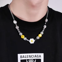 hip hop punk sun flower smiley face pendant fashion natural stone pearl necklace for men rapper party stainless steel jewelry