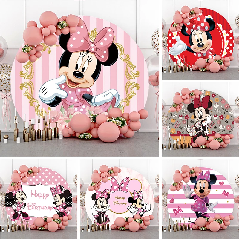 

Pink Flower Disney Minnie Mouse Round Backdrop For Girl Baby Shower Birthday Party Decoration Circle Photo Backgroud Table Cover