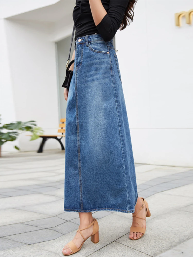 Denim Skirt Long Women Blue Solid A-line Skirts Fashion Lady Streetwear Casual Pocket High Waist Jeans Skirt Office Maxi Skirt
