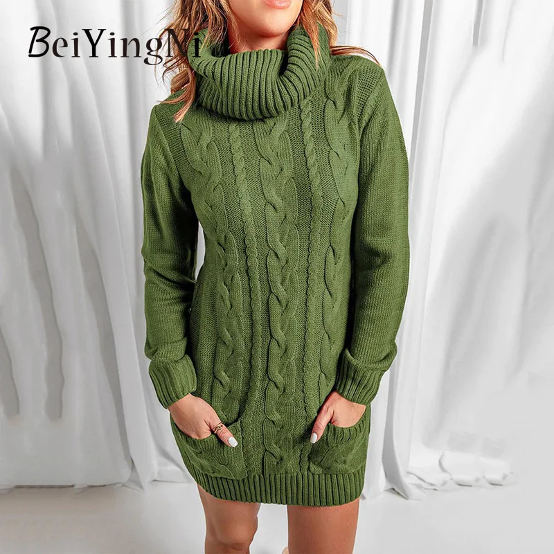 

Beiyingni 2022 Autumn Winter Women's Dresses Turtleneck PocketsThicken Knitting Mini Female Dress Warm Casual Elegant Vestidos