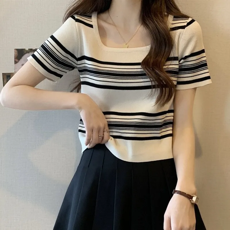 

2023 Summer New Square Collar Striped Sweater French Short Sleeve Women's Short Student Top Wholesale