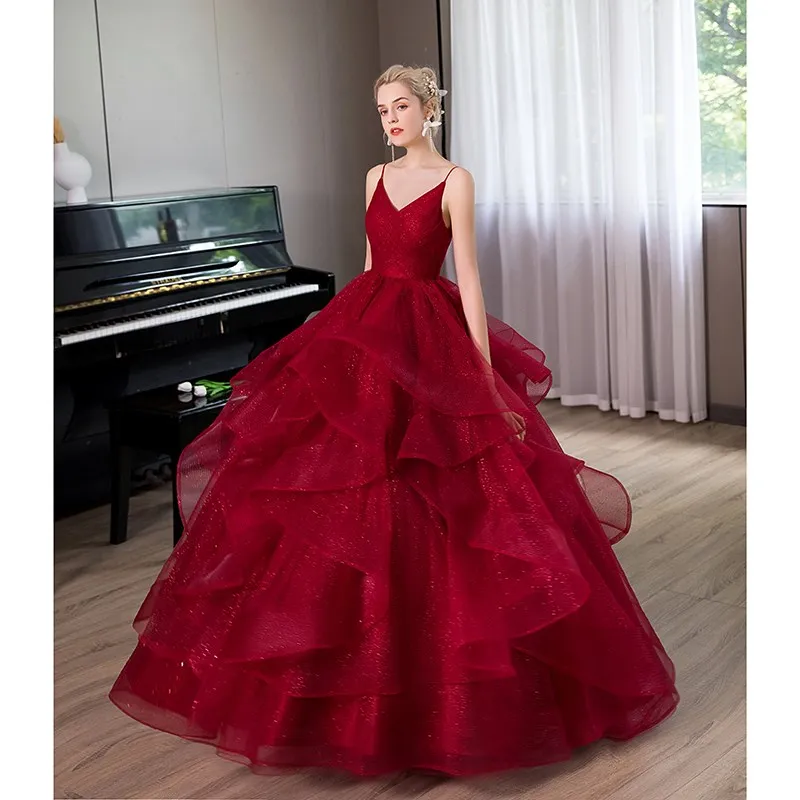 Новинка 2024 винно-красное платье Quinceanera на тонких бретельках бальное без рукавов с