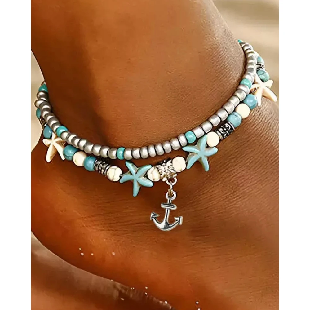 

1PC Women Beaded Turquoise Double Layer Anklet Daily Accessories Alloy Graphic Conch Sea Star Anchor Beach Bracelet Anklet