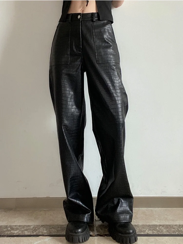 

Женские брюки с высокой талией DEAT, черные свободные брюки из искусственной кожи с прямой задней металлической цепочкой, осень 2023