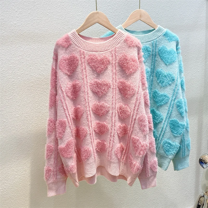 

Женский Повседневный пуловер из норкового меха, модный Свободный трикотажный свитер в Корейском стиле с милым любовным узором, Осень-зима