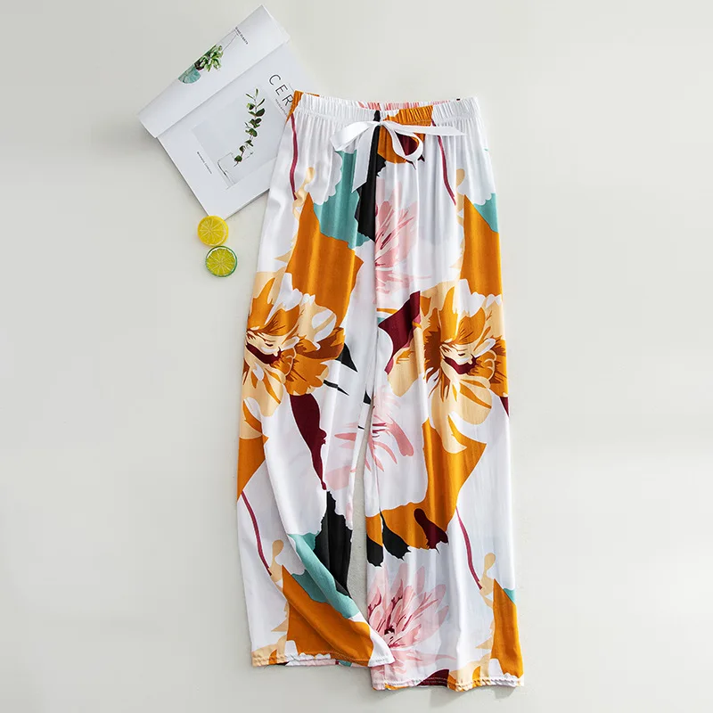 Women Spring Summer Thin Sleep Pants 2023 Home Pants Floral Printed Pajama Pants Wide Leg Loose Plus Size Calf-length Bottoms