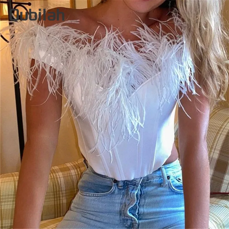

Top Women Furry Top Tanks and Camis 2022 Spring New Fashion Fishbone Corset Sleeveless Stitching Plush Sexy Blouse Woman Clothes