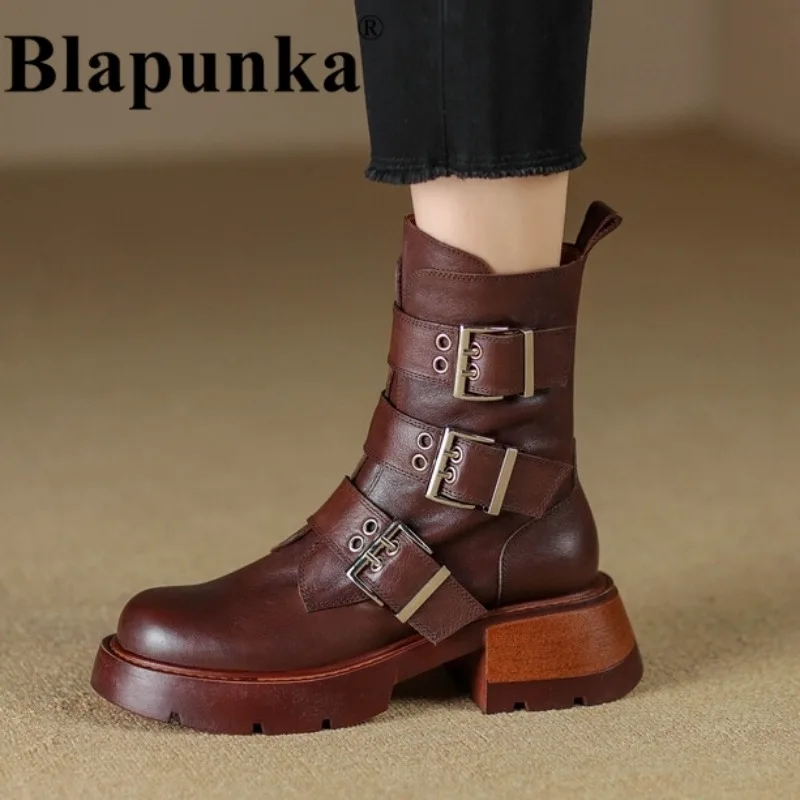 

Blapunka Women Genuine Leather Boots Punk Multi-buckle Platform Ankle Boots Chunky Block Heels Woman Goth Shoes Winter Autumn 40
