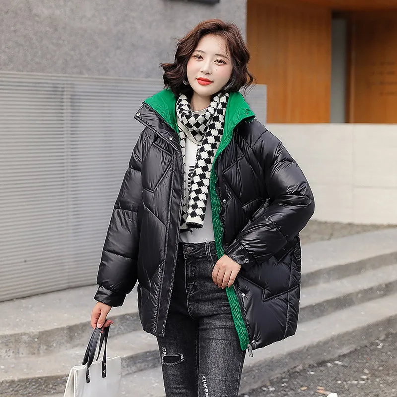 Cotton Jackets for Fashion Ladies Autumn Winter Stand Collar Loose Chic Coat Solid Color Patchwork Button Parka Zipper Parka