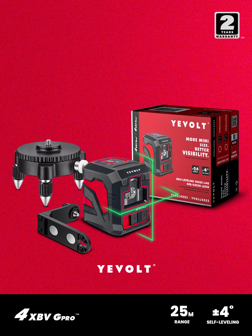 

YEVOLT YVGLL4XS2dL Green Cross Line Laser Level 2-Line Self-leveling Magnetic Bracket