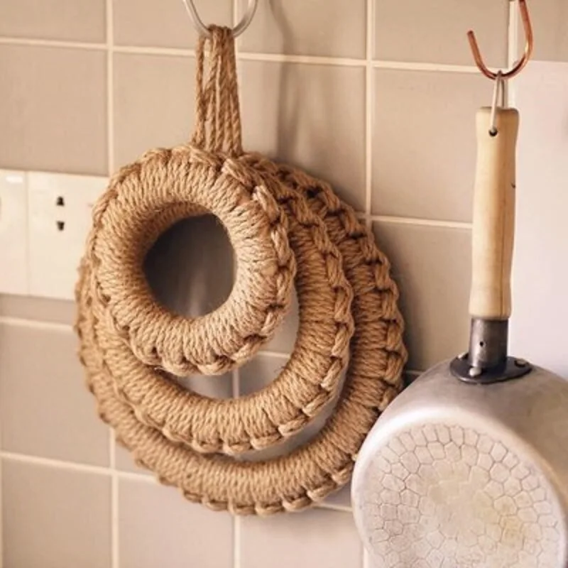 

Natural Linen Rope Handmade Potholder Round Anti-scalding Pot Mat Hangable Heat Insulation Placemat Soup Bowl Pad