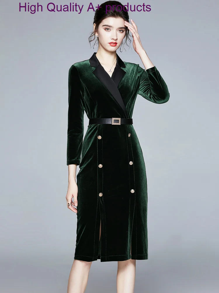 

Осенне-зимние Бархатные платья для женщин 2023 Роскошные Дизайнерские двубортные винтажные платья средней длины с длинным рукавом женское офисное платье