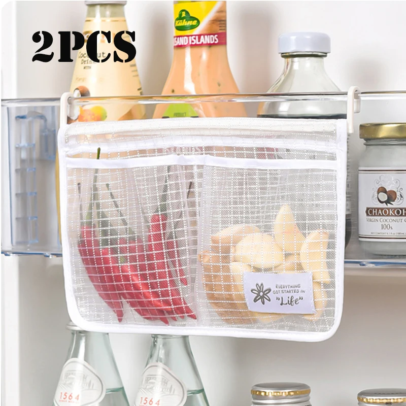 

1/2pcs Refrigerator Storage Mesh Bag Portable Seasoning Food Snacks Net Bag Double Compartment Hanging Bag Kitchen Accessories