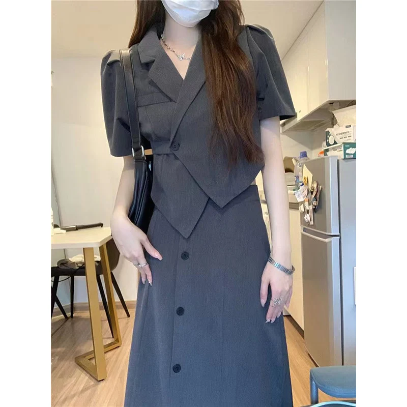

Elegant Women Two Pieces Set Casual Office Ladies Shirts Solid Color Midi Skirts New Korean Fashion Vintage Female Suits Summer