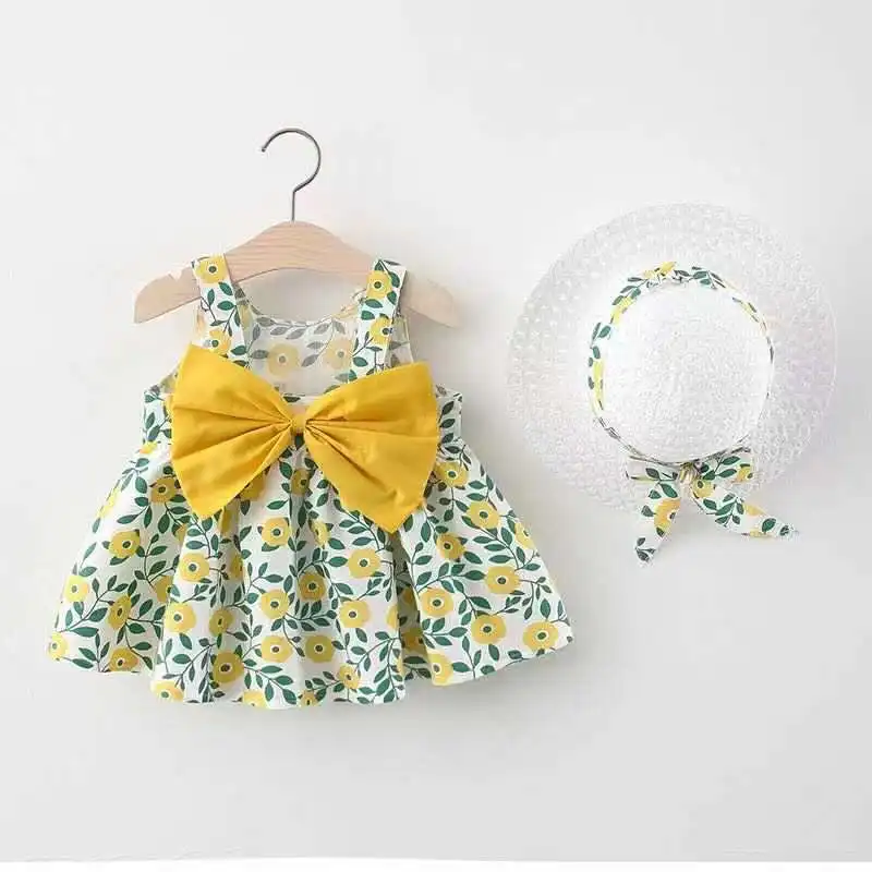 

New Clothes Girls 0-3old Summer cotton new girls dress with hat flower skirt princess 73-100 children kids clothing baby Floral