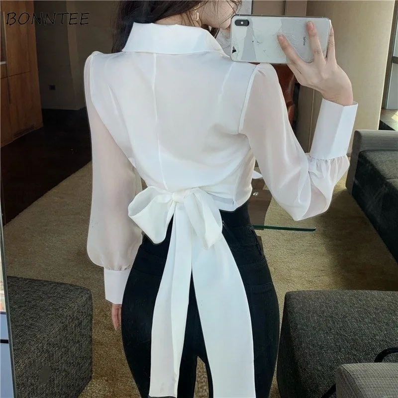 

Chic Button V-Neck Shirt Women Korean Solid Turn-down Collar Cropped Leisure Ladies Long Sleeve Bow Lace-up Waist Blouse Clothes