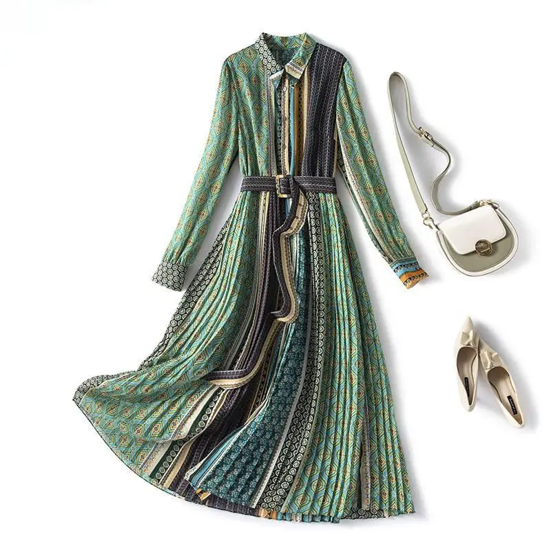 

Женское плиссированное платье в полоску, элегантное облегающее платье с цветочным принтом и длинным рукавом, уличная одежда, весна-лето 2023