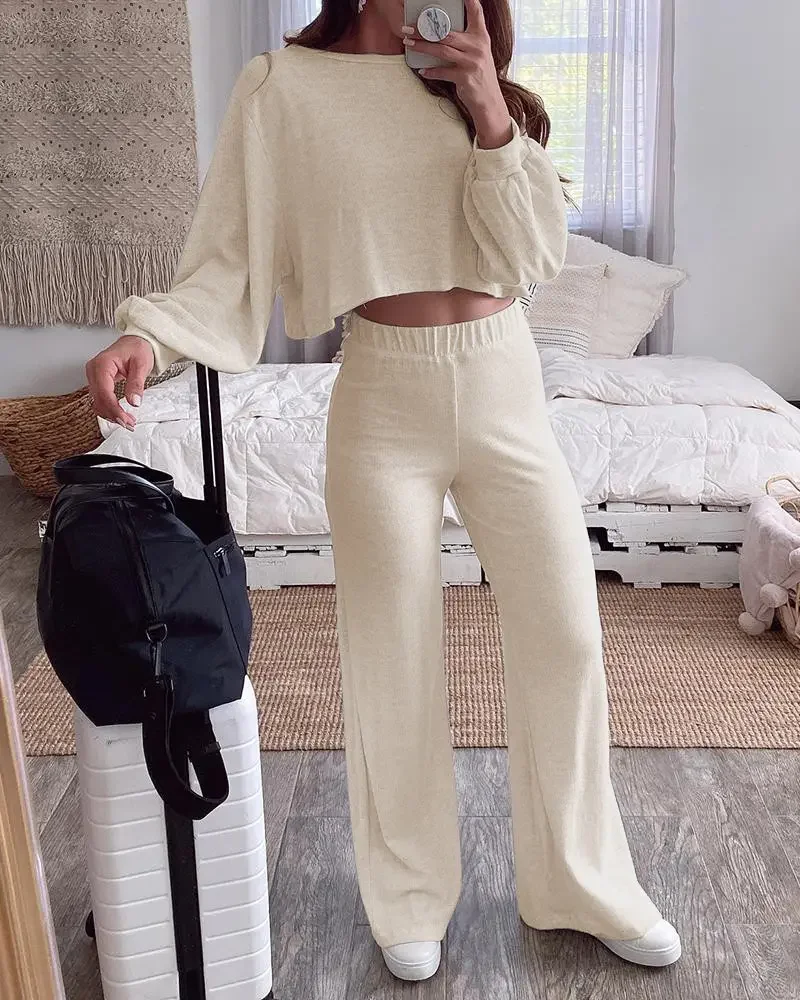 

Женский комплект из топа и брюк, элегантный повседневный костюм без талии с круглым вырезом и длинными рукавами, весна-лето 2022