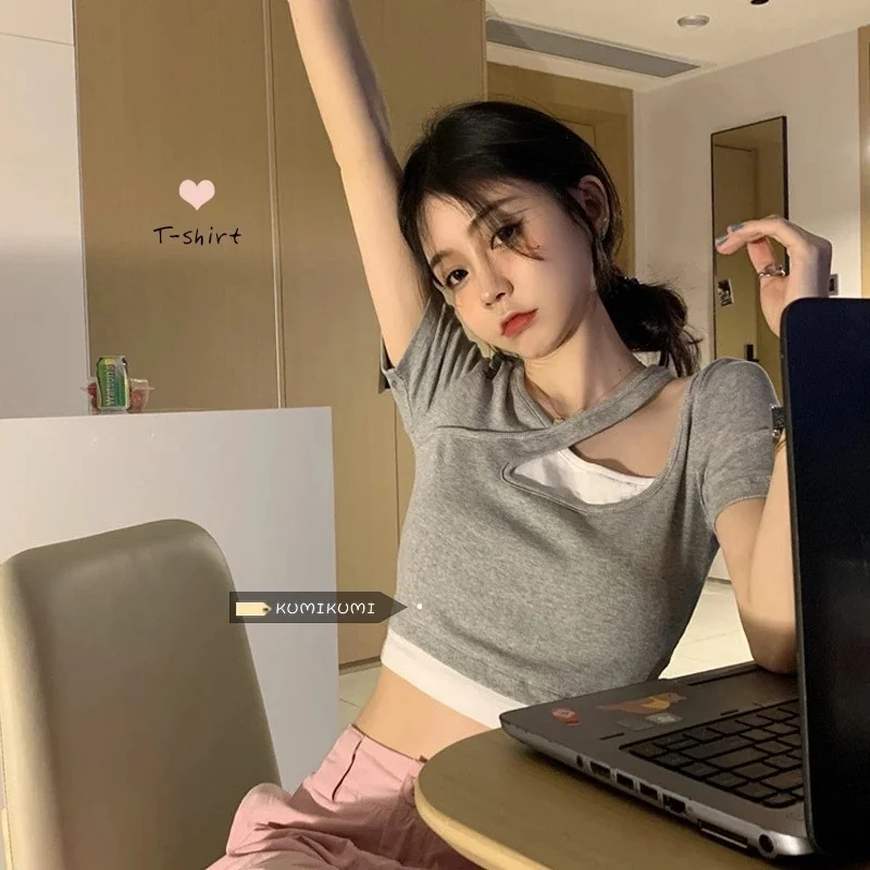 

Кроп-топ y2k в стиле пэчворк, винтажный гранж, тонкая сексуальная футболка для женщин, корейский Готический топ с коротким рукавом, милые летние женские топы в стиле Харадзюку