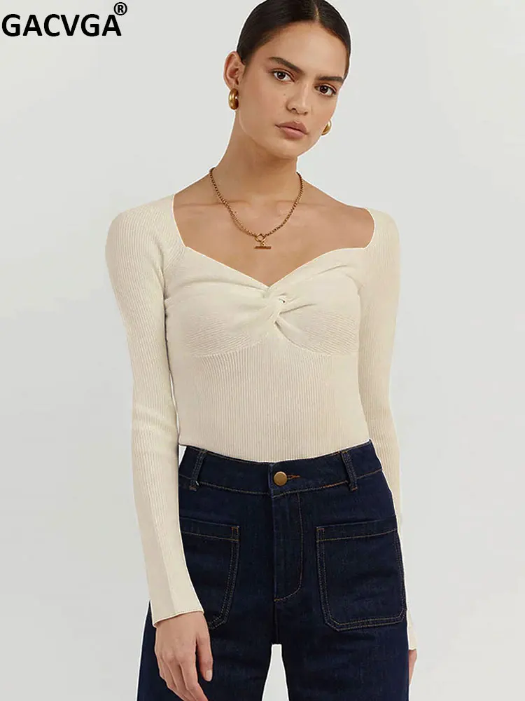

GACVGA 2022 Autumn Winter Knitted Women Sweater T Shirt Sexy Long Sleeve Elegant Square Collar Pullover Low Cut Lady Tee Tops