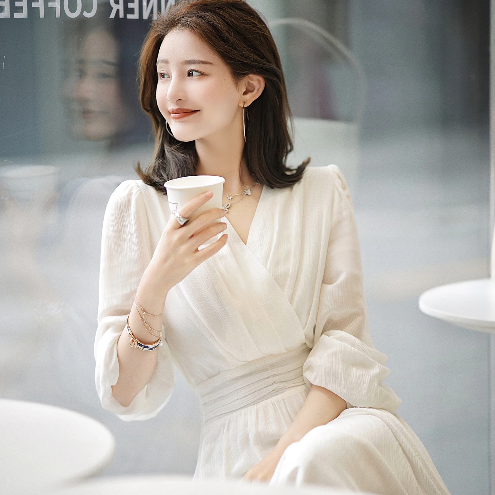 

Pleated Romantic Long Sleeve V-Neck Midi Dress 2023 fashion women's Clothing