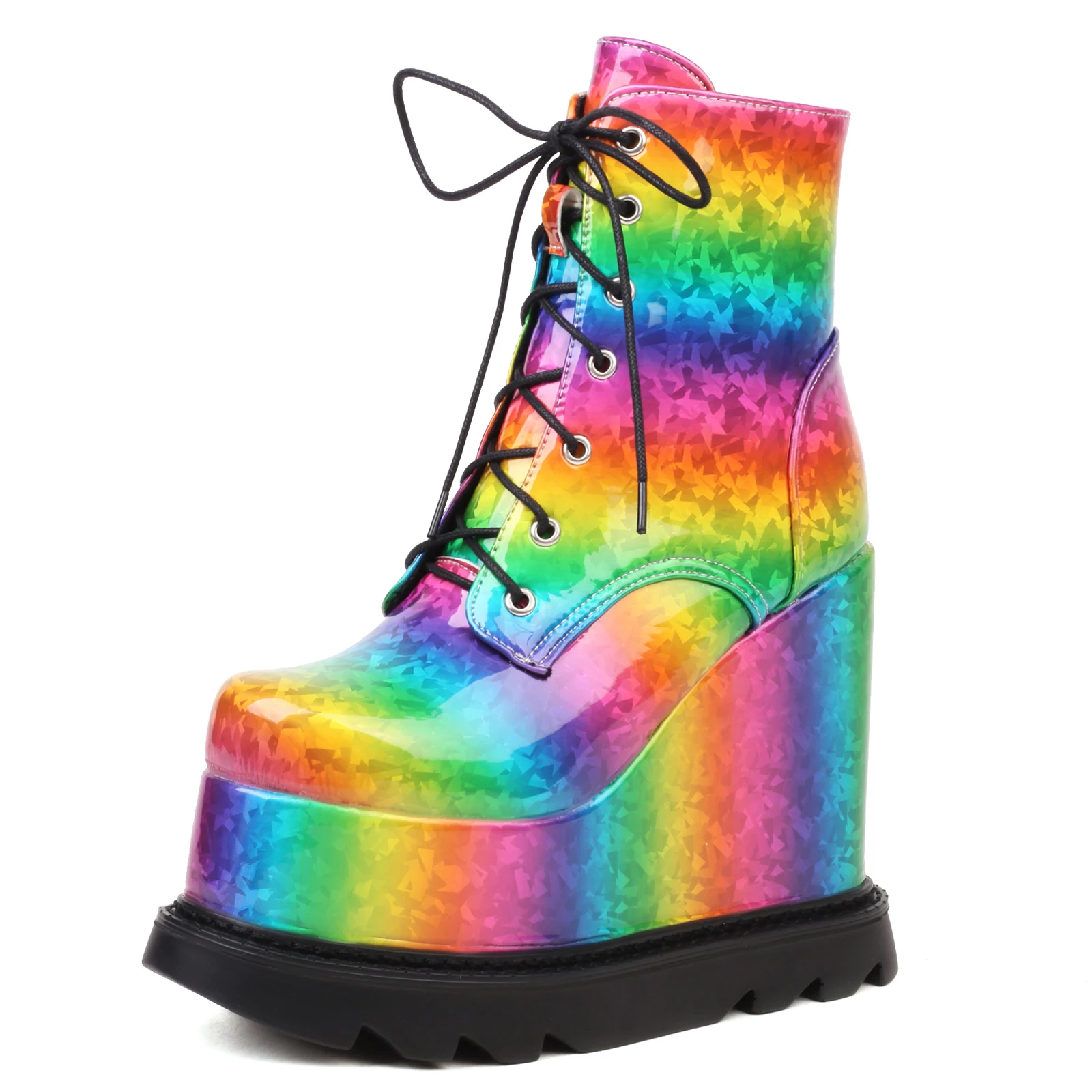 

Women Punk Goth Platform Wedge Ankle Boots Rainbow Square Toe High Heel Zip Lace Up Motorcycle Combat Boots Wedges Shoes