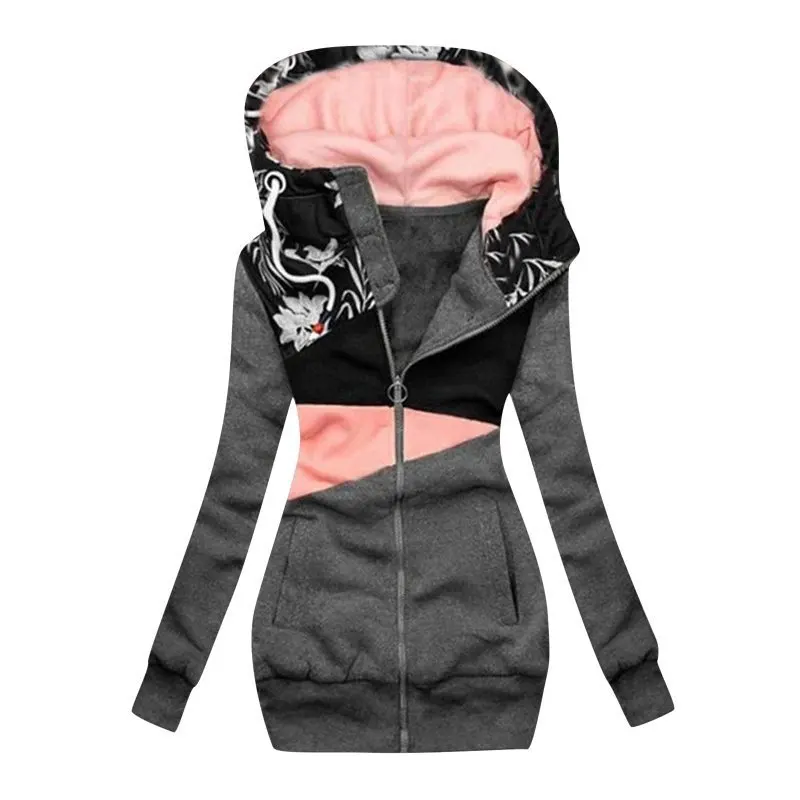 Spring Autumn Women Fashion Printed Jacket Cardigan 2022 Women's Casual Zipper Color Matching Hooded Sweater Coat Femme Hoodies