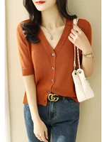 new autumn retro solid color half sleeve v neck button cardigan sweater woman blouse t shirt for dialy girls clothes