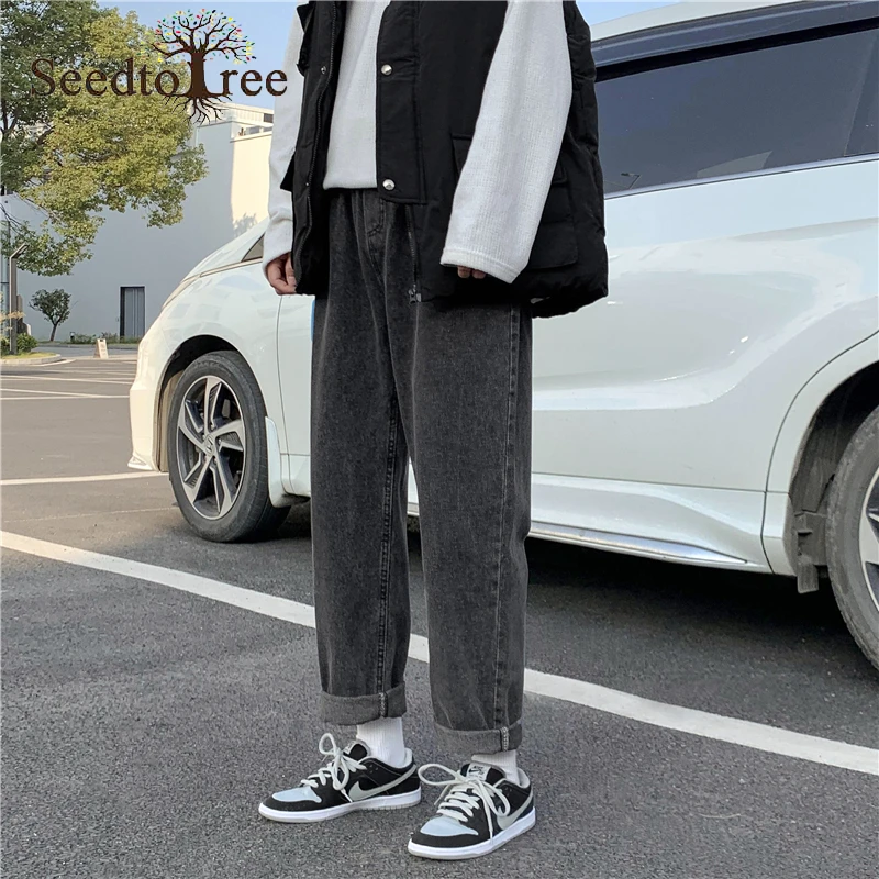 Men's Casual Jeans Elastic Waist Denim Trousers Loose Ankle Length Pants