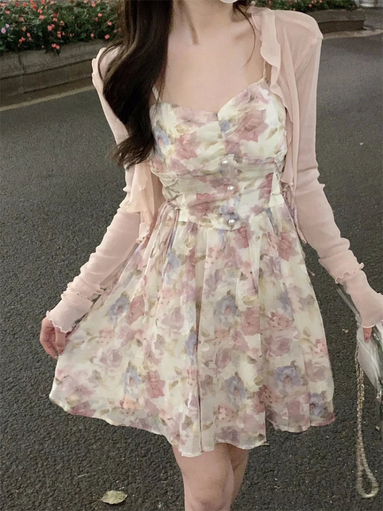 

Женское короткое платье с цветочным принтом, элегантный плявечерние комплект из 2 предметов, милое повседневное винтажное мини-платье без р...