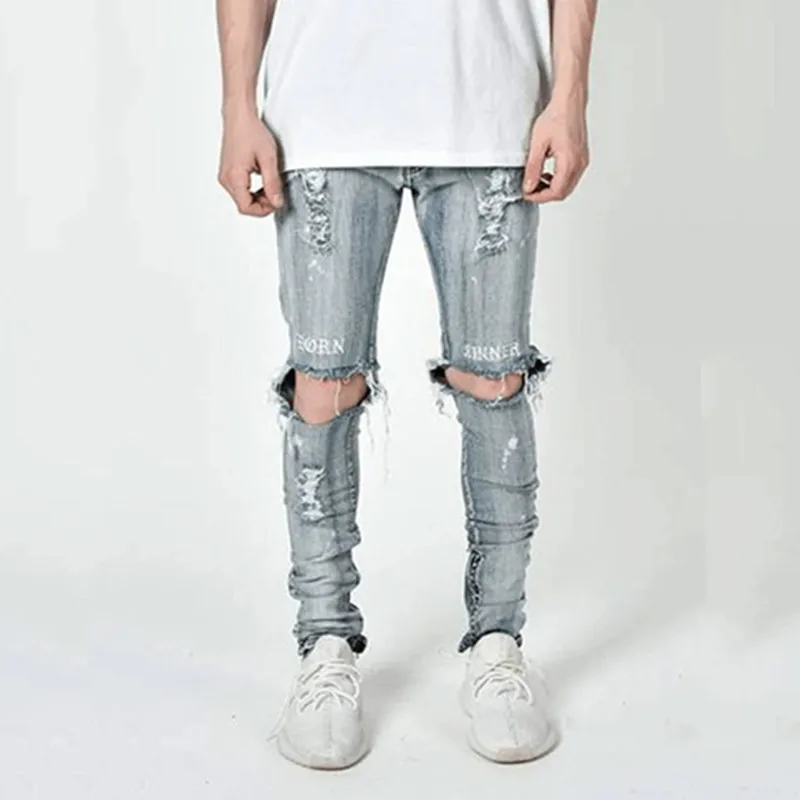 High Street Trend Men's Jeans Personality Hole Jeans Streerwear Men's Slim Fit Boys' Leggings Denim Pants Full Length Trousers