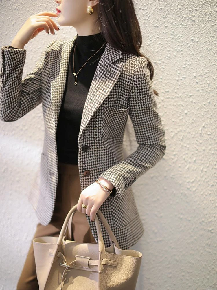 

Autumn Fashion Houndstooth Tweed Blazer Casual Slim Long Sleeve Top 2023 Tailored Coat Simple Design Blazers for Women Elegant