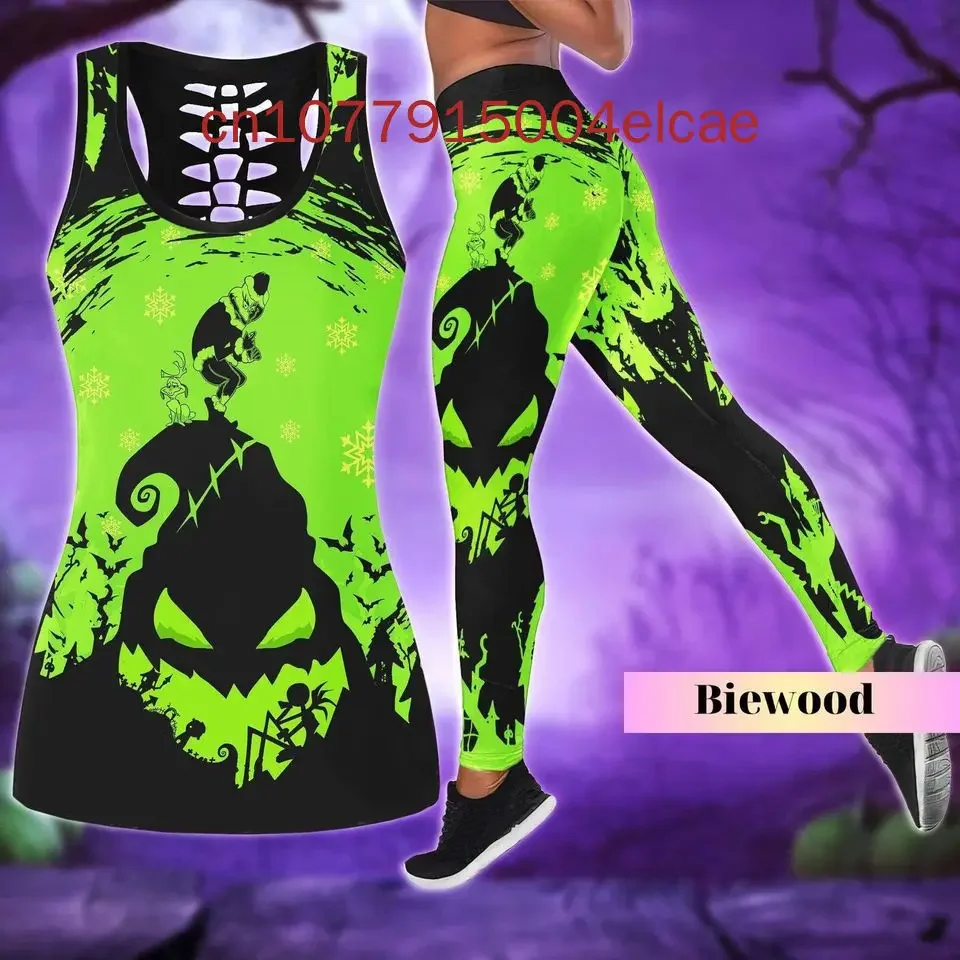 New Oogie Boogie Women's Hollow Vest + Leggings Yoga Suit Fitness Sports Disney Tank Top Legging Set