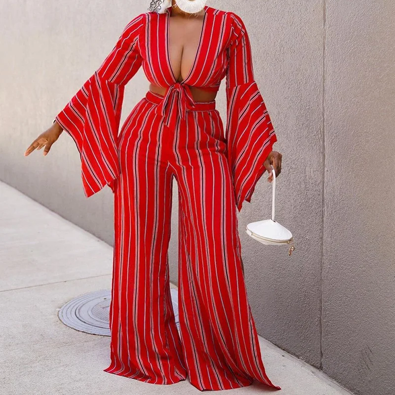 

Summer Two Piece Set Women Sexy Lace-up V-neck Bat Sleeve Crop Top Striped Wide-leg Pants Suit Casual Two Piece Set Women