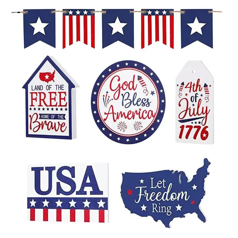 

4th Of July Tiered Tray Decor Independence Day Wooden Table Centerpiece Patriotic Party Decors For Home Office Fireplace Desk