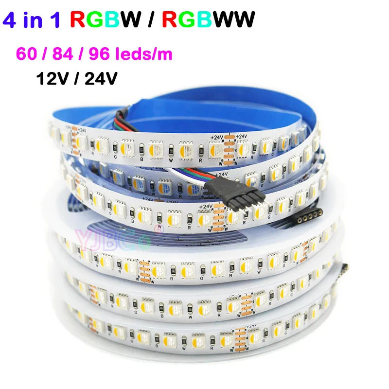 

12V 24V DC 5M RGBW/RGBWW 4 in 1 LED Strip high brightness Light bar 60/84/96leds/m 5050 SMD flexible Lamp Tape IP30/65/IP67