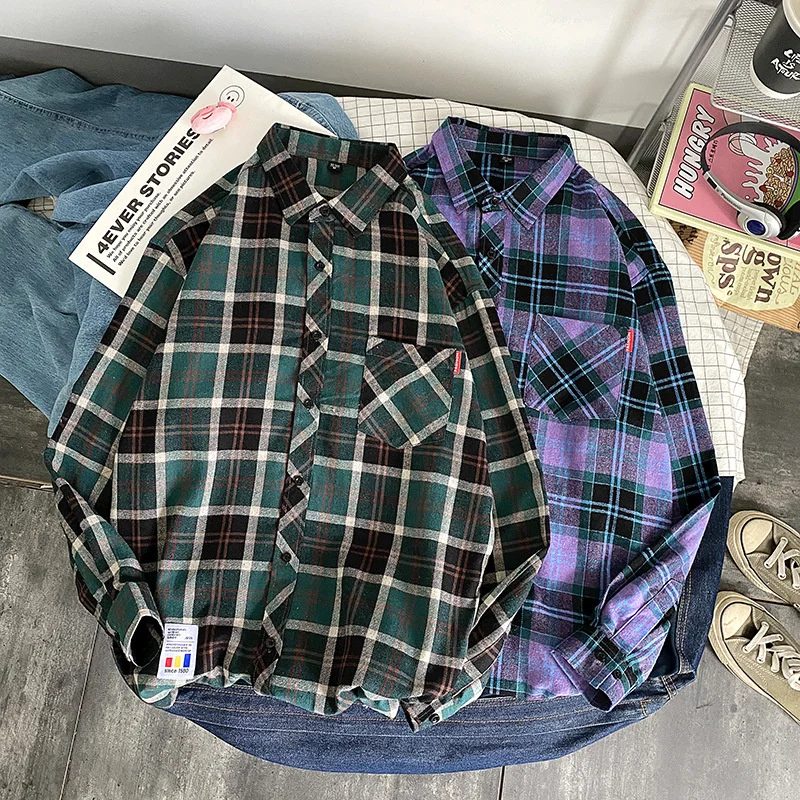 

Retro Blouses Male Hip Streetwear Hop Flannel Checked Men High Quality Spring New Oversize Cotton Plaid Shirts